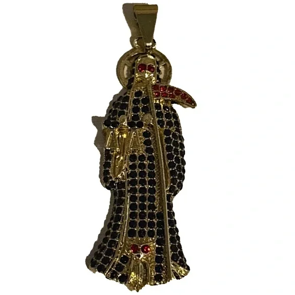 Gold Plated Grim Reaper Santa Muerte Large Pendant Black Red Crystal Gothic - Picture 5 of 10